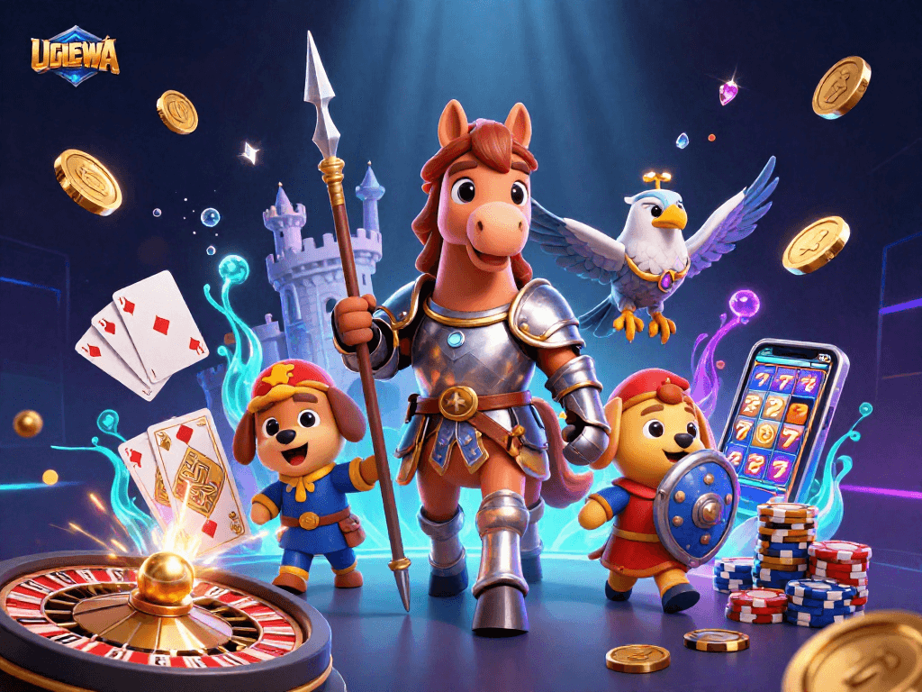Spin and win with UGDEWA in a vibrant casino-themed 3D gaming illustration.