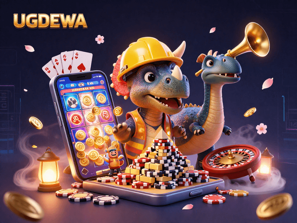 Experience the excitement at UGDEWA with a vivid 3D illustration of a triceratops building poker chips while celebrating!