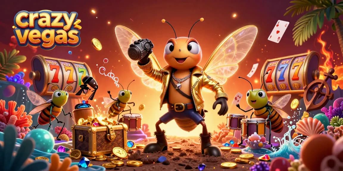 Crazyvegas showcases a vibrant cartoon cicada rock star in a dynamic casino scene filled with slots and coral elements.
