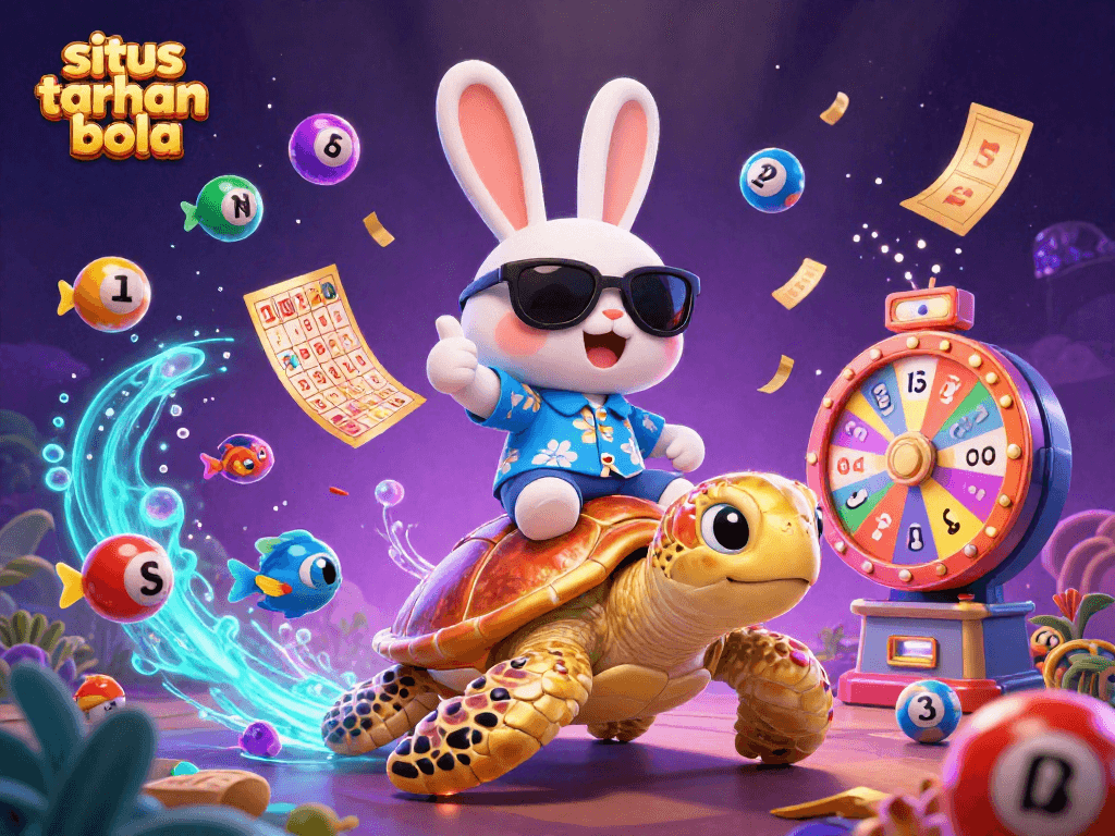 Engage with situs taruhan bola as a lucky rabbit and golden sea turtle celebrate in a vibrant, dynamic casino scene.