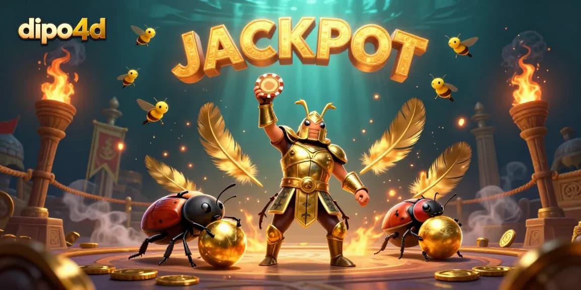 Experience the excitement with dipo4d as the hercules beetle lifts a poker chip in a festive jackpot scene.