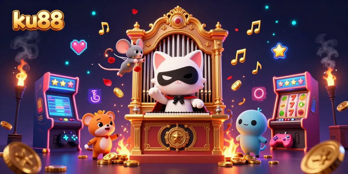 ku88 casino scene featuring a phantom cat playing organ with arcade elements around