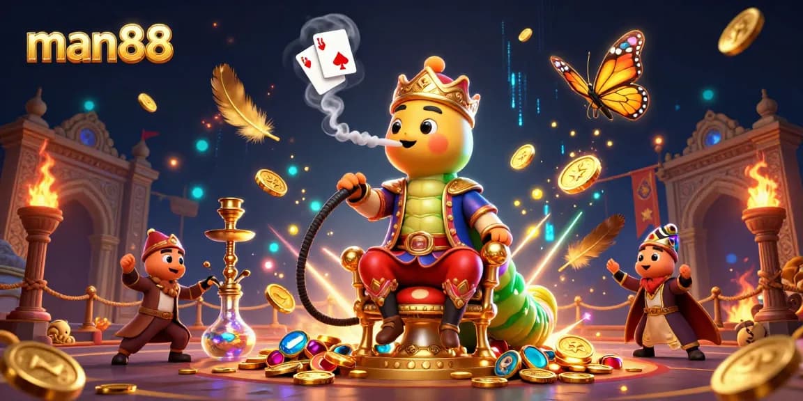 Engage with man88's vibrant casino scene featuring a whimsical caterpillar hookah-master and poker symbols.