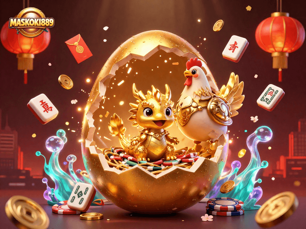 Play exciting games at MASKOKI889 with a golden dragon guarding poker chips and festive decorations.