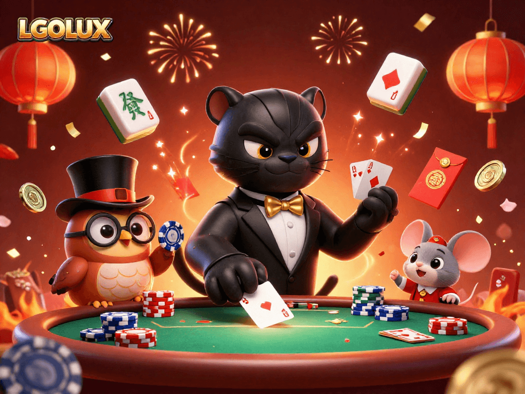 LGOLUX showcases a dynamic poker scene with a tuxedoed panther, top hat owl, and lucky mouse wielding chips.