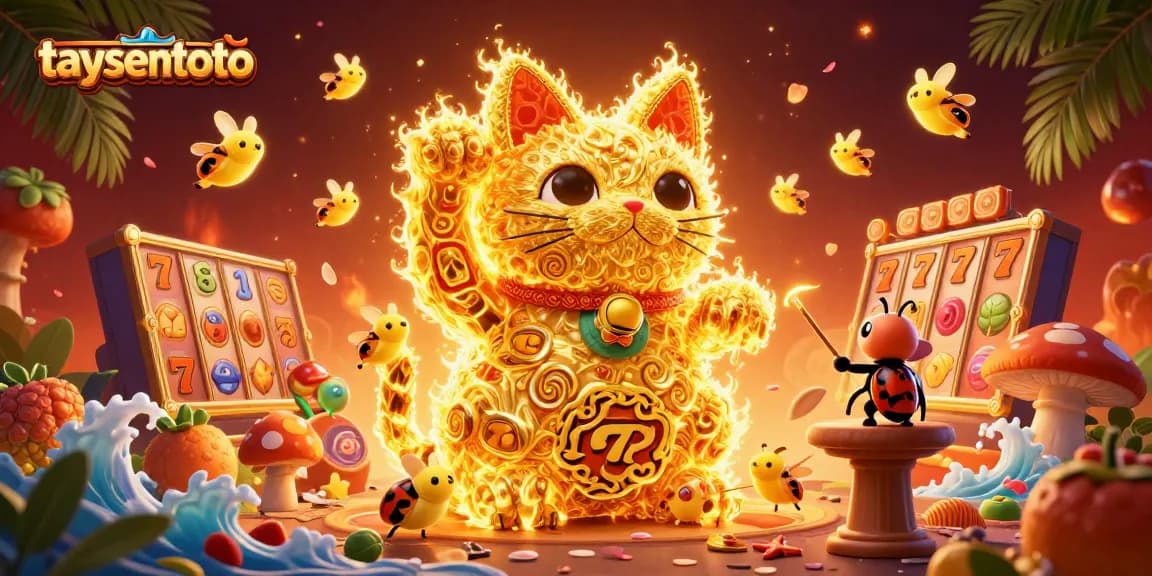 Menggambarkan taysentoto dalam bentuk ilustrasi 3D dengan kunang-kunang emas dan simbol kasino, siap menang besar!