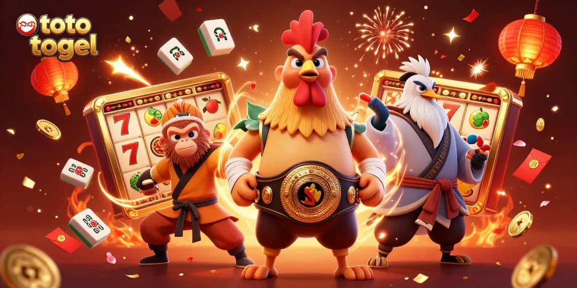 Memenangkan toto togel dengan simbol keberuntungan dan karakter unik dalam suasana kasino yang meriah.