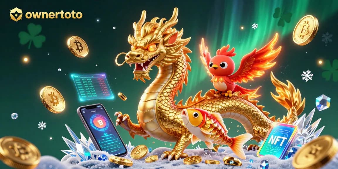 Menangkan peluang besar dengan ownertoto, ilustrasi 3D naga emas dan ikan koi.