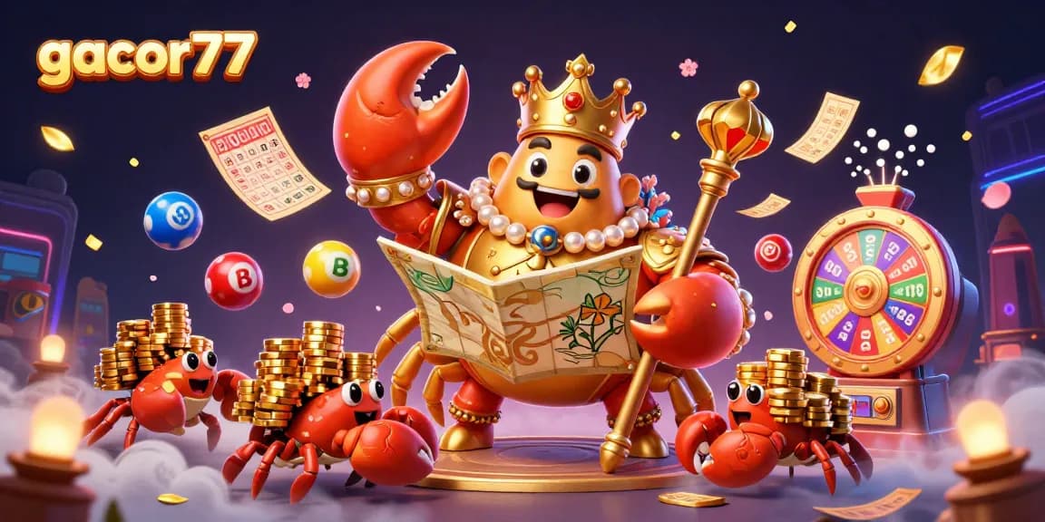 Memenangkan hadiah di gacor77 melalui visual kasino yang menarik, dengan krab emas dan semua elemen permainan.