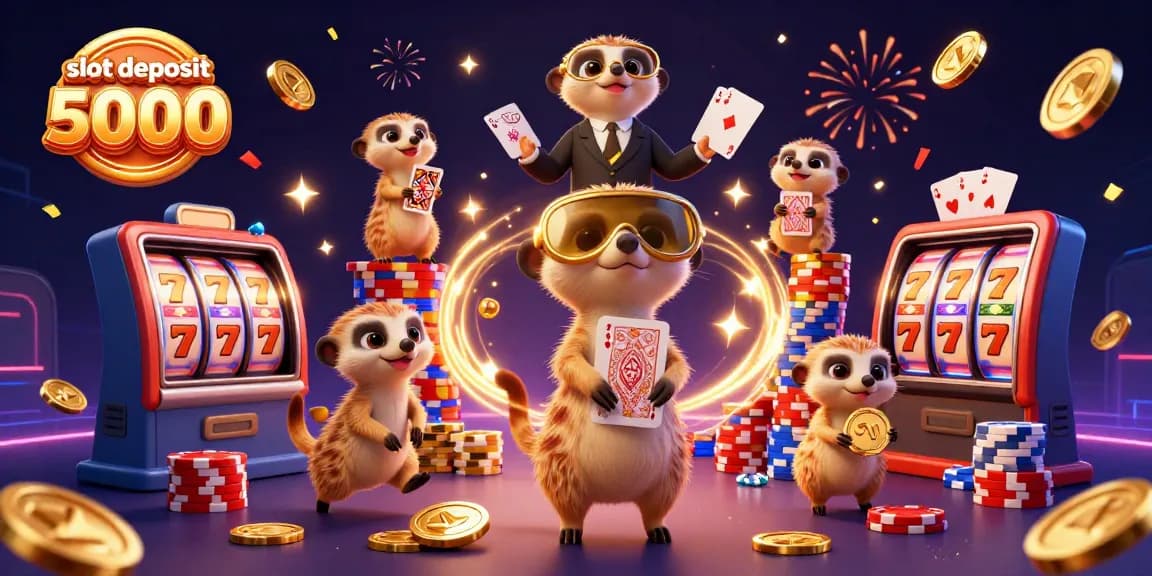 Slot deposit 5000, memperlihatkan koloni meerkat menjalankan operasi kasino yang meriah dengan slot yang menarik.