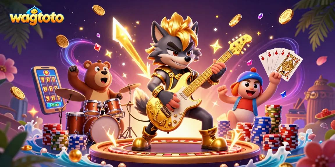 Experience the excitement of wagtoto with a lively casino scene featuring cartoon characters, golden coins, and vibrant game elements.