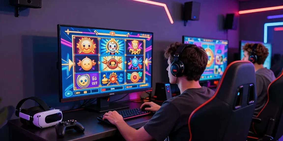 Gamer menikmati pengalaman bermain slot online dengan grafik berwarna-warni.