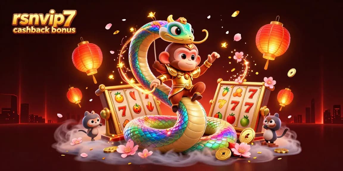 Engage with the vibrant rsnvip7 cashback bonus through an exciting 3D illustration featuring a golden-armored monkey king and rainbow serpent.