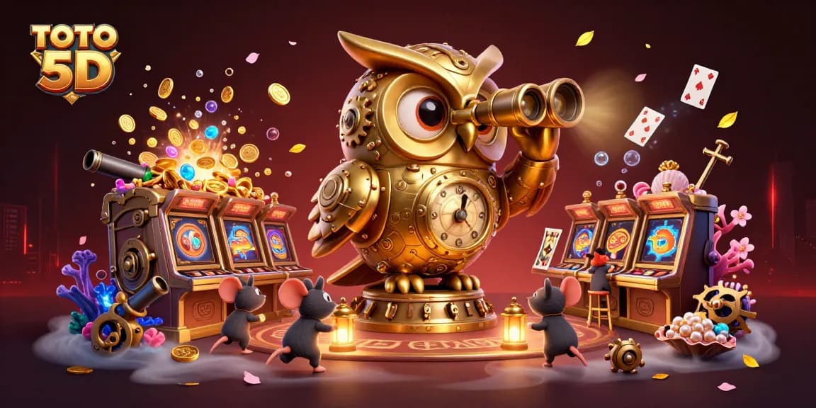TOTO 5D memperlihatkan ramalan keberuntungan dengan karakter kartun 3D di kasino yang penuh dengan pesta koin dan permainan kartu.