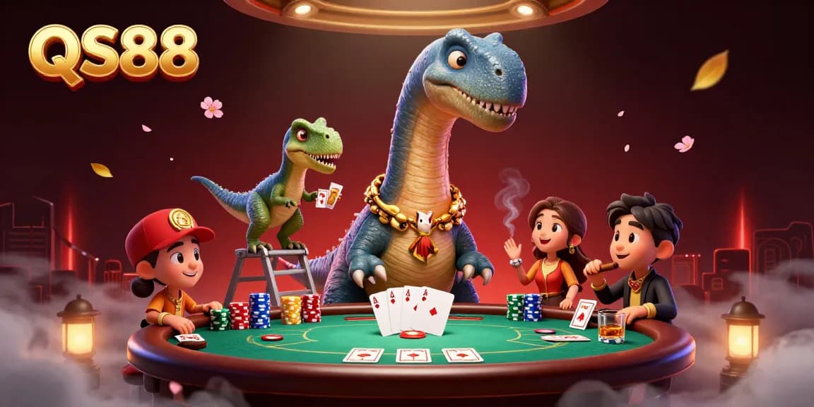 Experience QS88 with a vibrant 3D casino scene featuring a dinosaur dealer at a poker table.