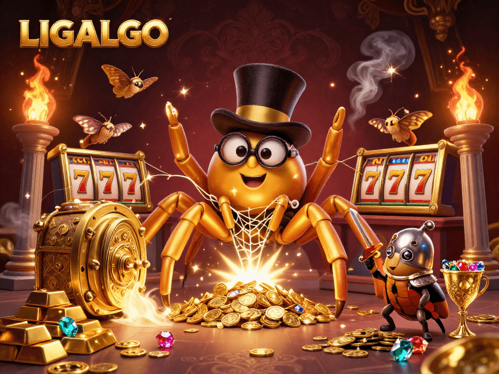 LIGALGO showcases its vibrant casino with a golden tarantula, beetle knight, and dazzling slot elements.