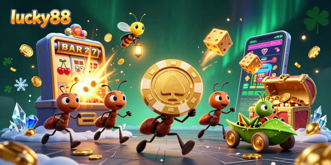 Lucky88 ants heist scene with poker chip, jackpot slot explosion, and colorful casino elements.