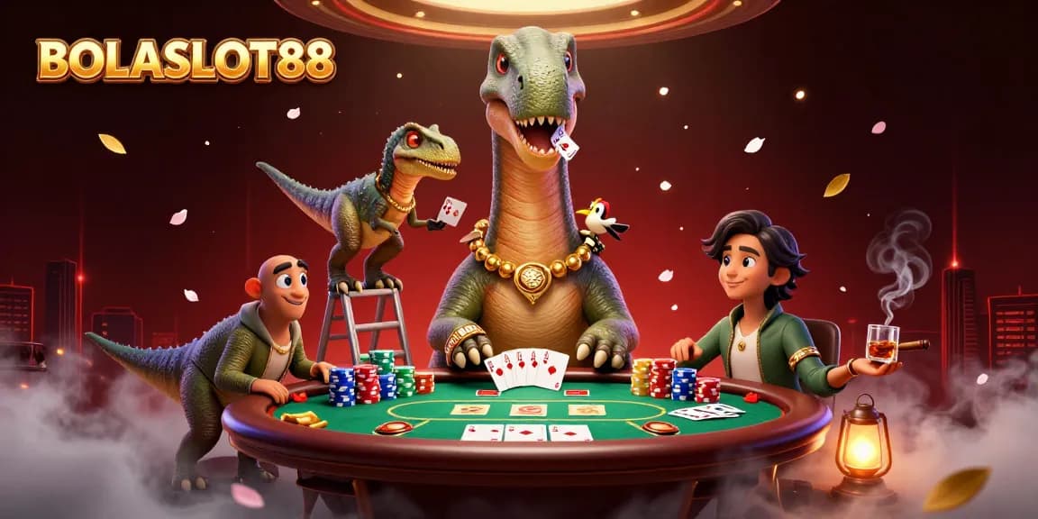 BOLASLOT88 menghadirkan suasana kasino 3D dengan dinosaurus dan raptor di meja poker.