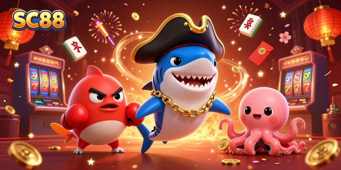Engage in thrilling slots action with SC88 featuring a pirate shark and gold coins.
