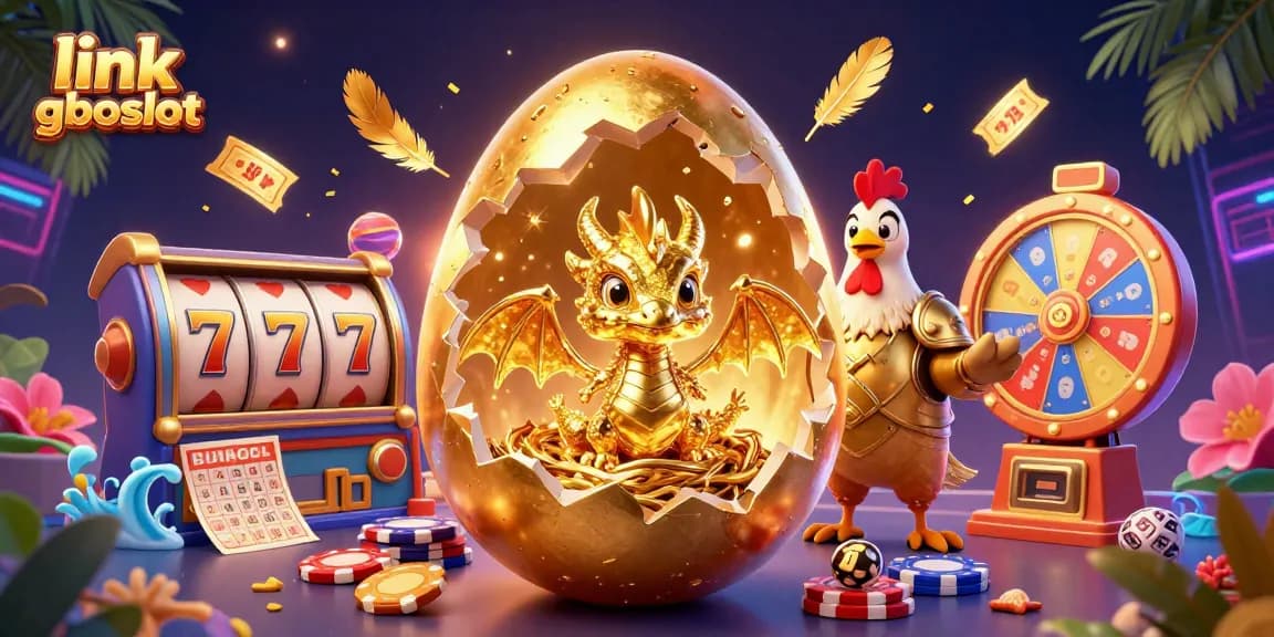 Menghadirkan link gboslot dengan karakter telur emas yang membuka, mengungkapkan naga emas dan poker chip, dikelilingi elemen permainan.