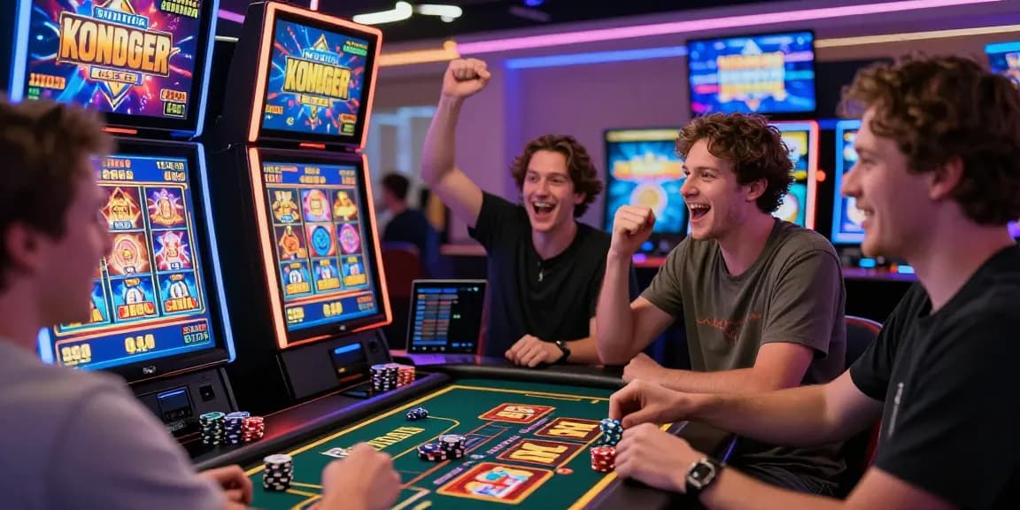 Players celebrating wins on dollar4d online gaming platform with colorful graphics and chips.