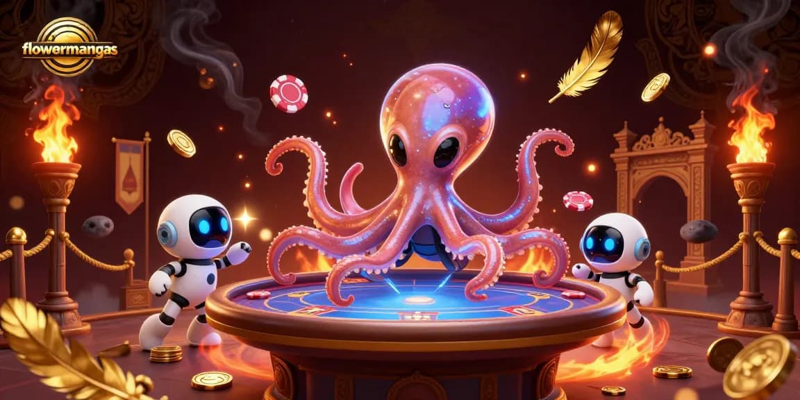 Permainan poker epik di flowermangas dengan karakter alien mencolok dan chip asteroid berputar.