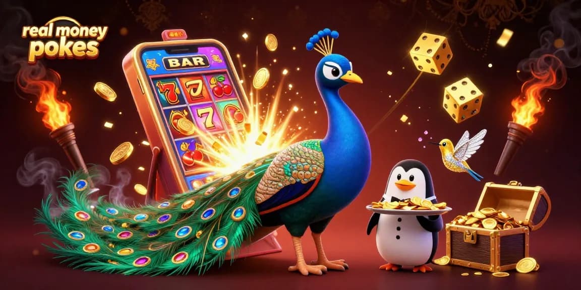 Experience real money pokies through vibrant, dynamic casino scene featuring 3D peacock with golden elements.