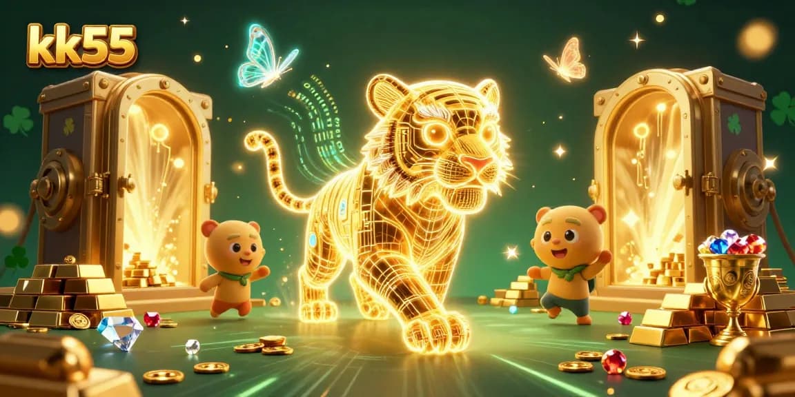 Experience the excitement of kk55 with enchanting characters in a lively casino backdrop filled with treasures.
