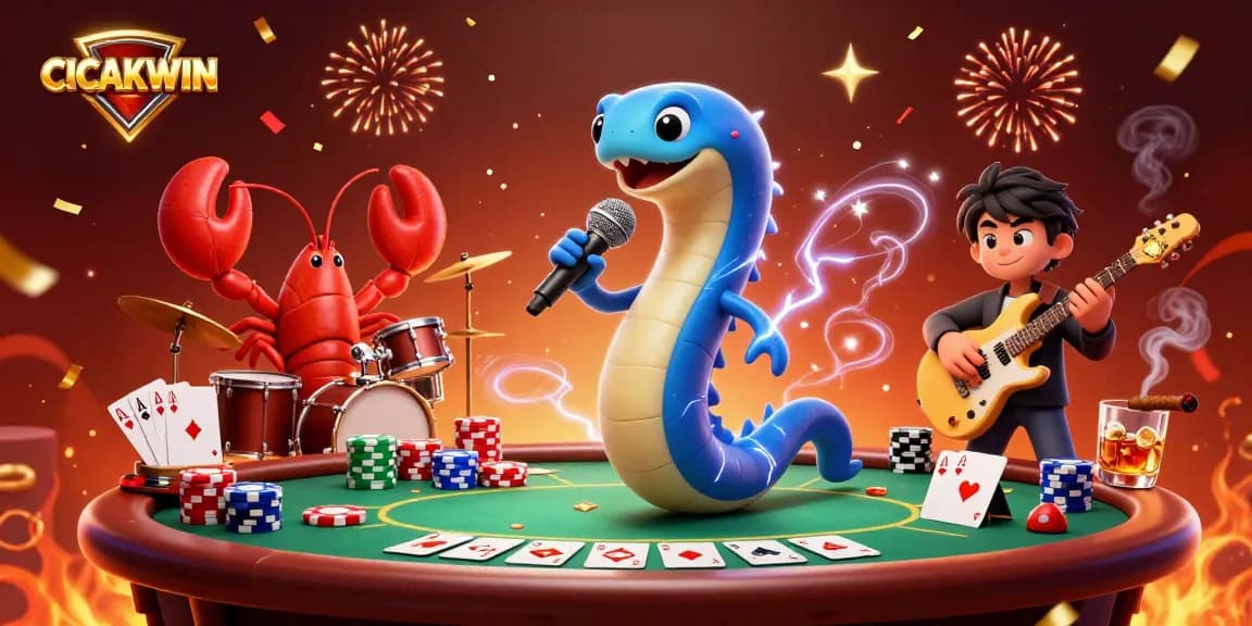 CICAKWIN showcases a vibrant underwater casino scene with an electric eel DJ and vibrant gaming elements.