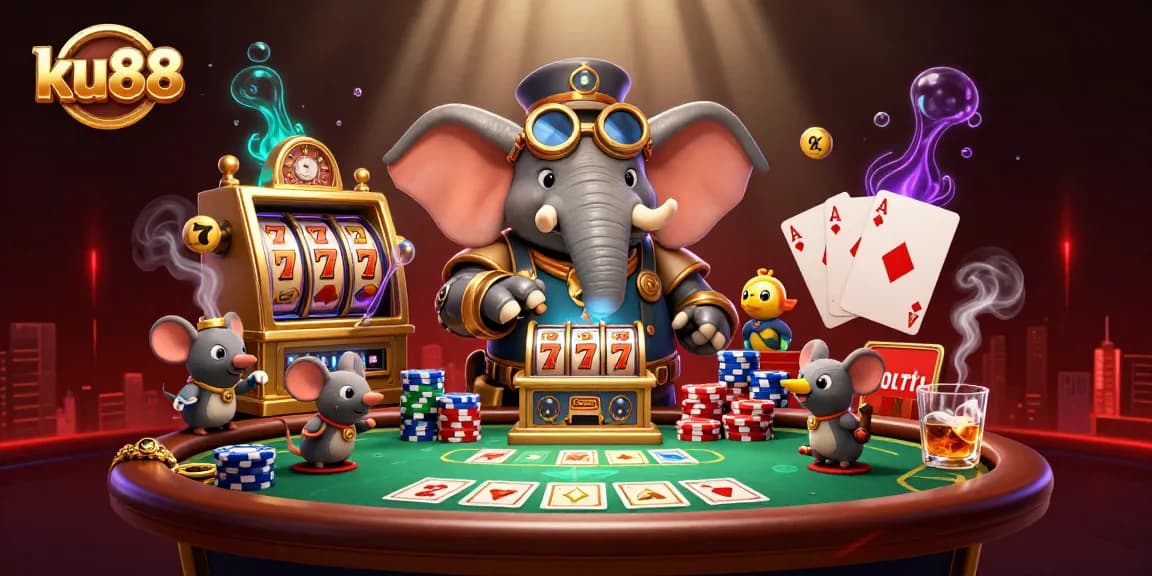 ku88 illustrates a whimsical steampunk elephant playing slots amidst poker action.