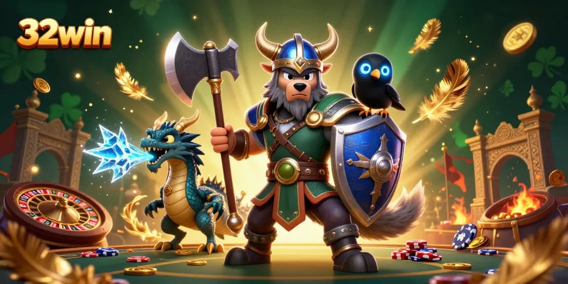 Experience thrilling gameplay at 32win with our dynamic Viking casino illustration featuring epic characters and magical elements.