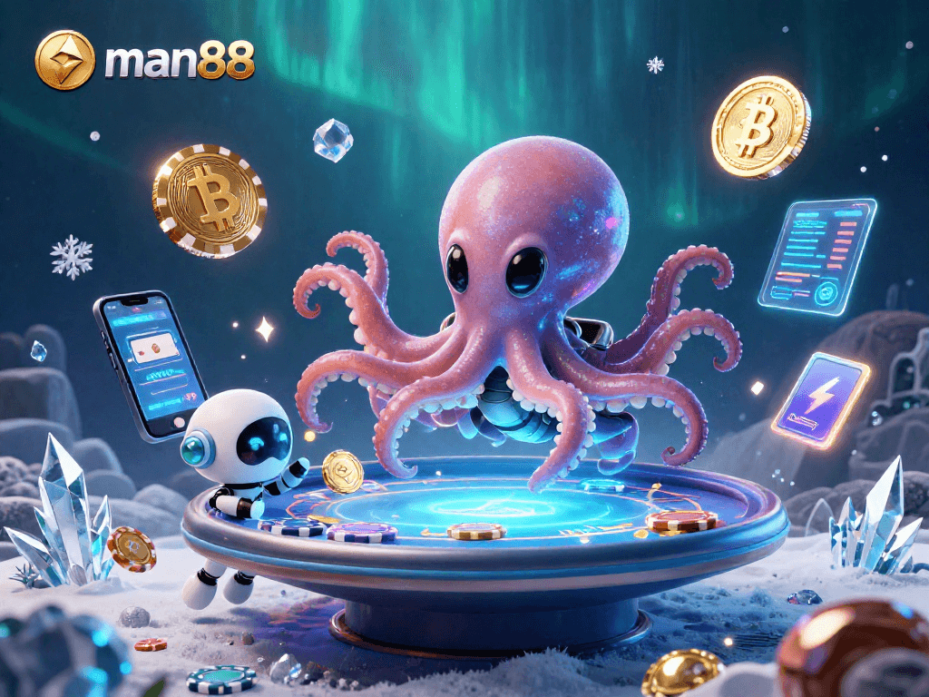 man88 - An alien octopus operates a holographic poker table amidst glowing cryptocurrencies in an underwater scene.