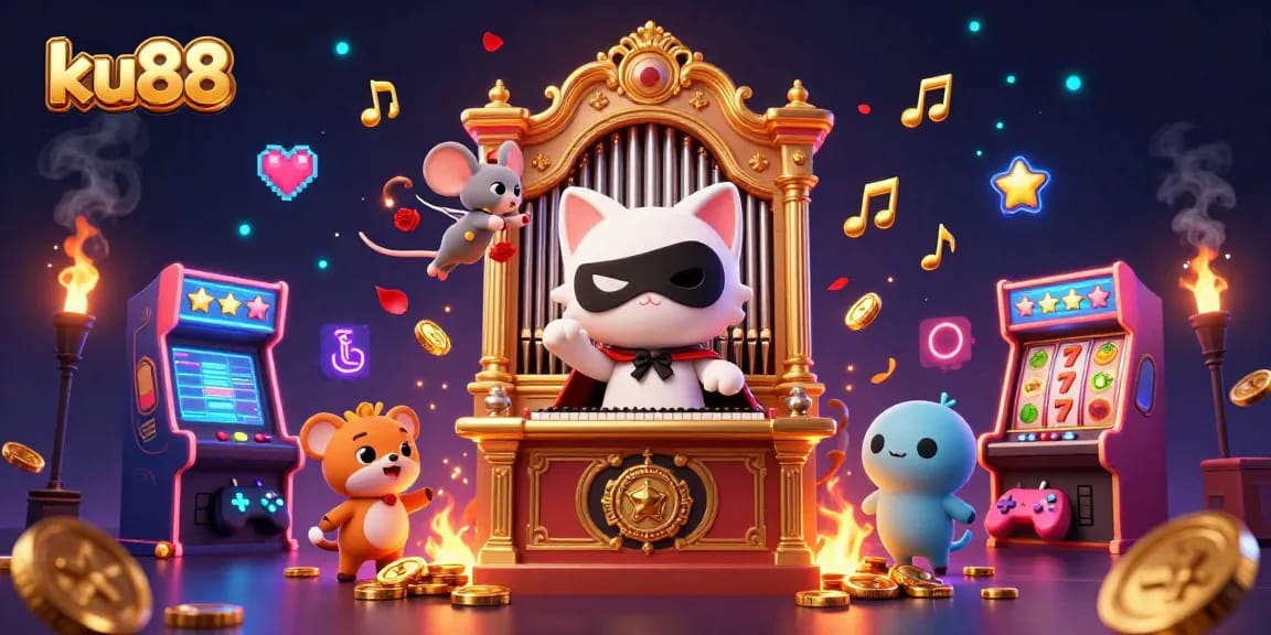 ku88 casino scene featuring a phantom cat playing organ with arcade elements around