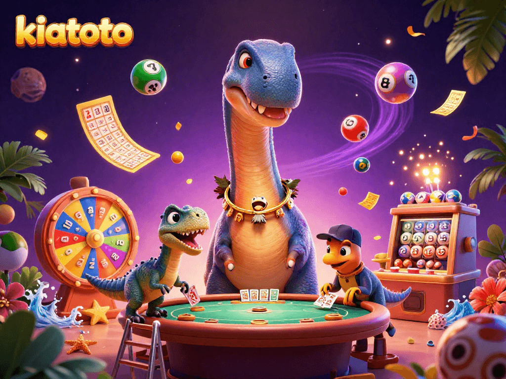 Kiatoto engages players with vibrant lottery games under a giant dinosaur at a lively casino.