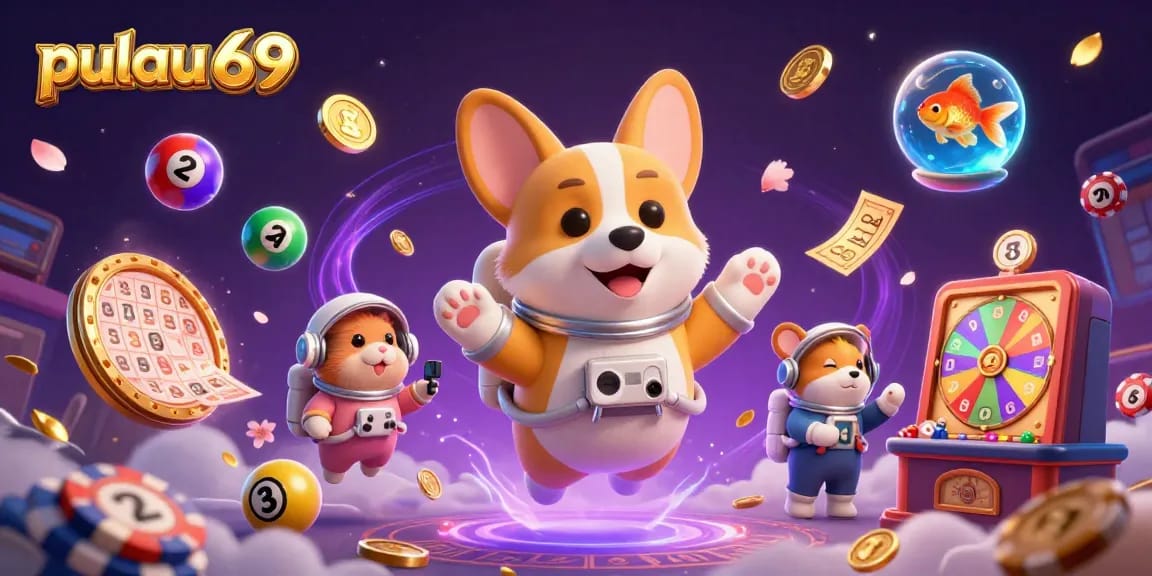 Pulau 69 captures thrilling casino action with a 3D cartoon astronaut corgi surrounded by colorful gaming elements.