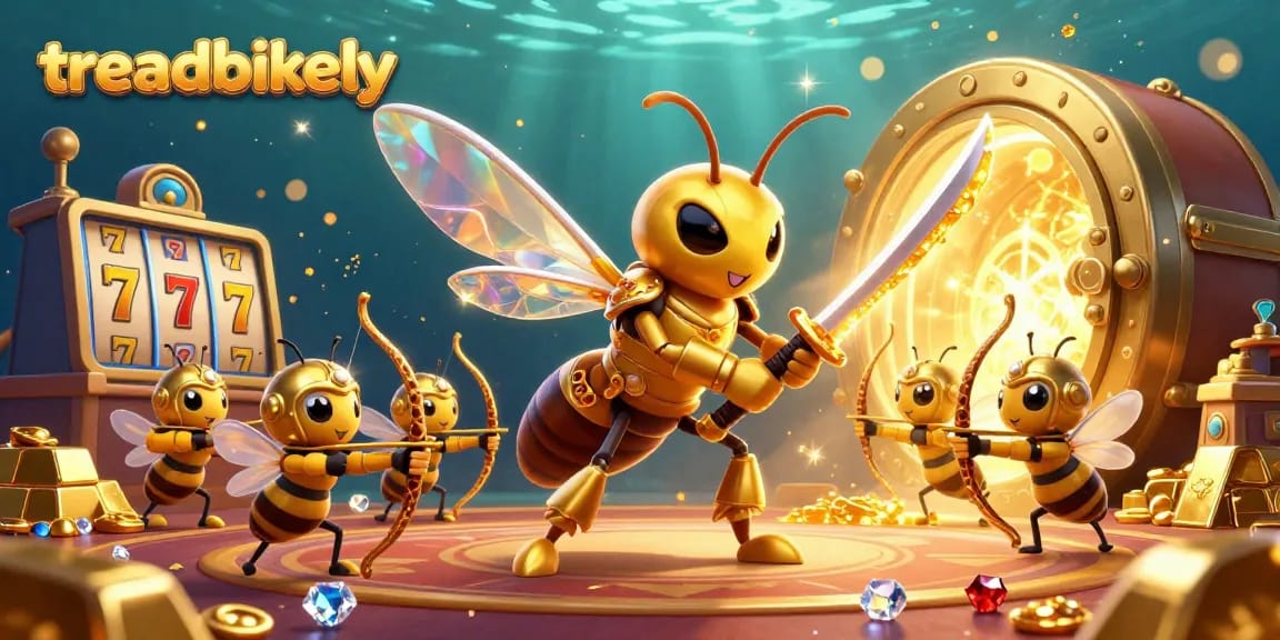 Treadbikely highlights thrilling moments in a vibrant casino with slot reels and golden treasures.