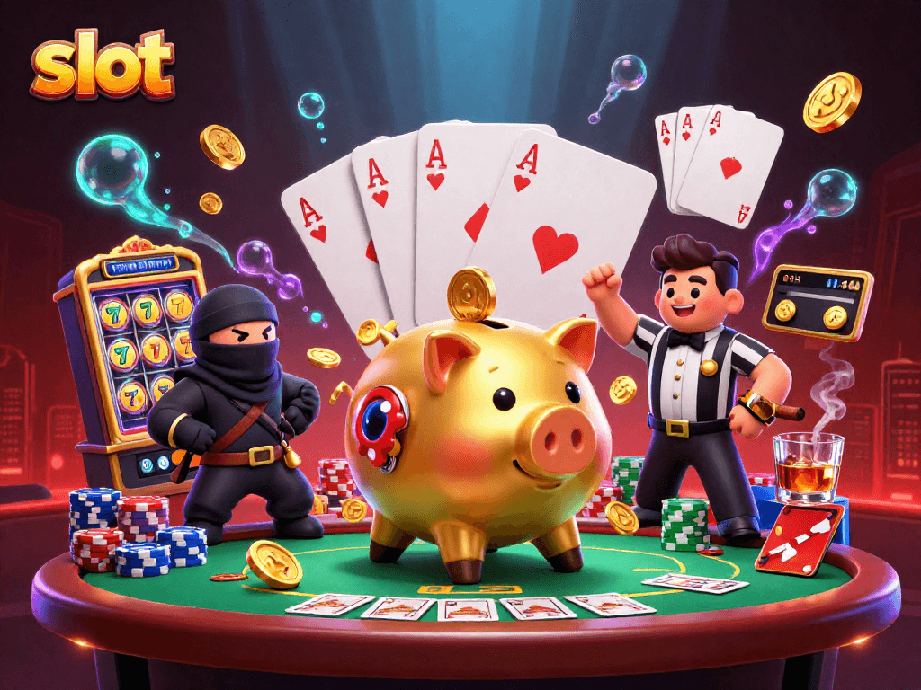 Mengguncang jackpot dengan slot, ilustrasi konyol 3D dari pegulat sumo celengan emas dan ninja dompet.