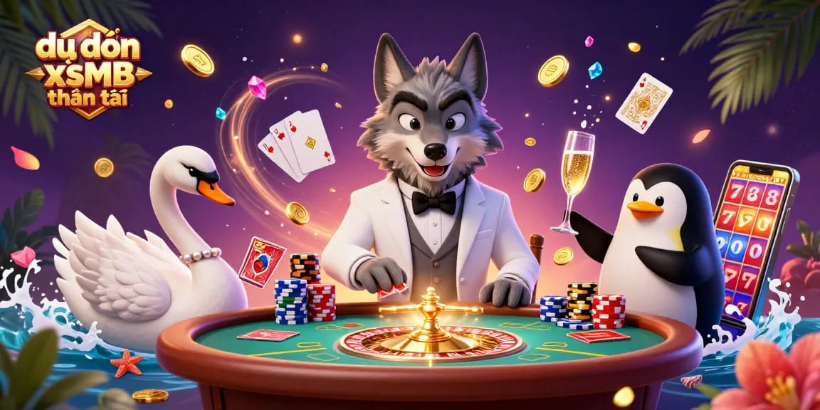Engaging illustration of dự đoán xsmb thần tài theme featuring lively characters in a vibrant casino setting.