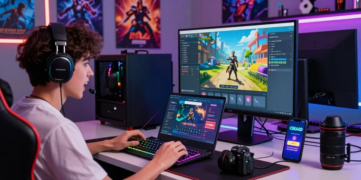 Engaging gaming setup with CIKA4D interface, vibrant RGB lighting, and accessories representing an immersive online gaming experience.