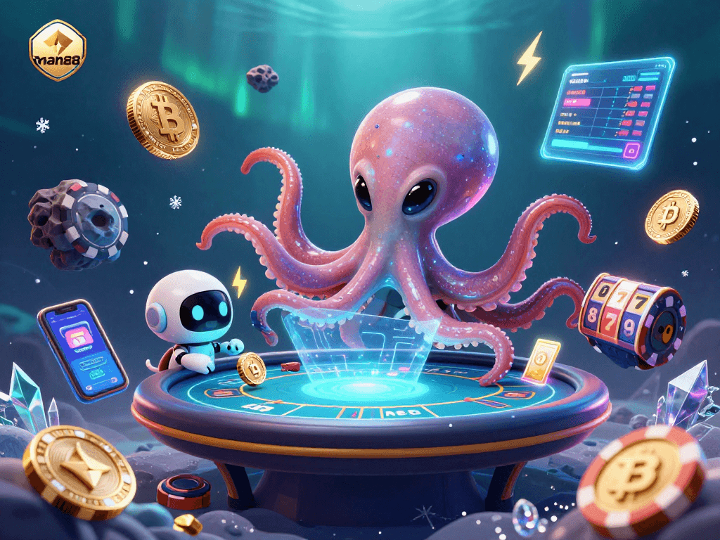 Join the exciting action at man88 as an alien octopus operates a holographic poker table with floating chips.