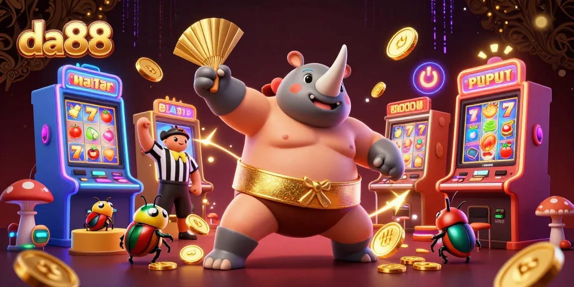 Spin the reels with da88 in a vibrant casino scene showing a beetle champion amidst slot machines.