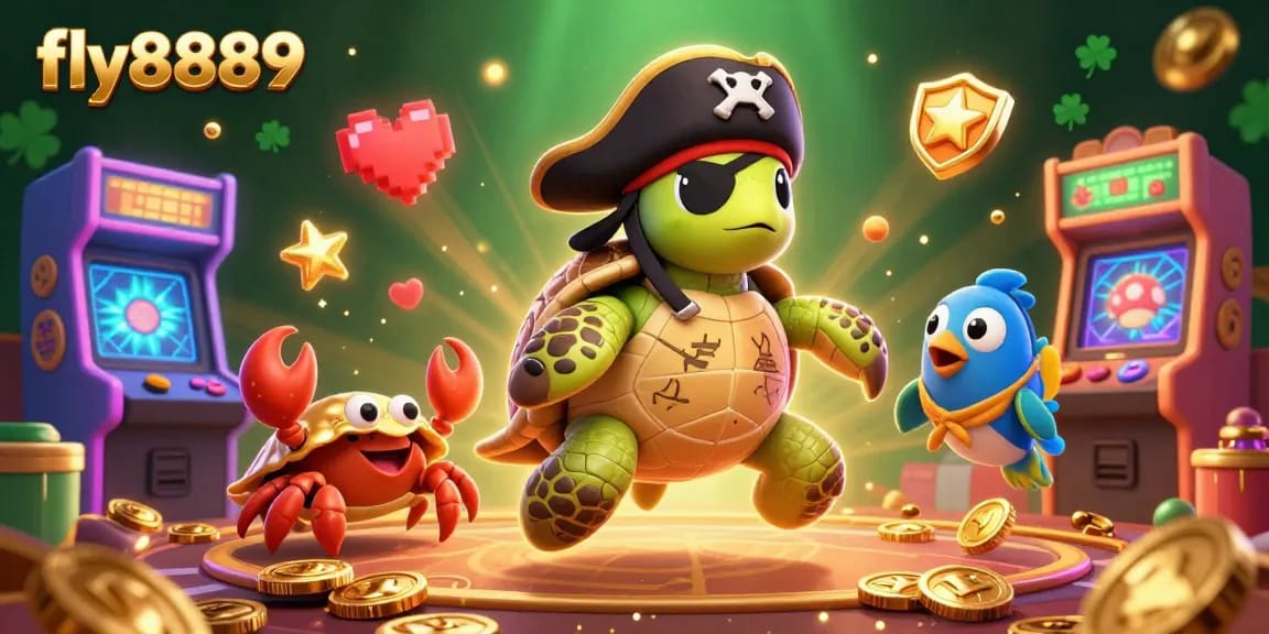Engage in thrilling gaming adventures with fly8889 in a vibrant casino-themed illustration featuring a pirate turtle and friends.
