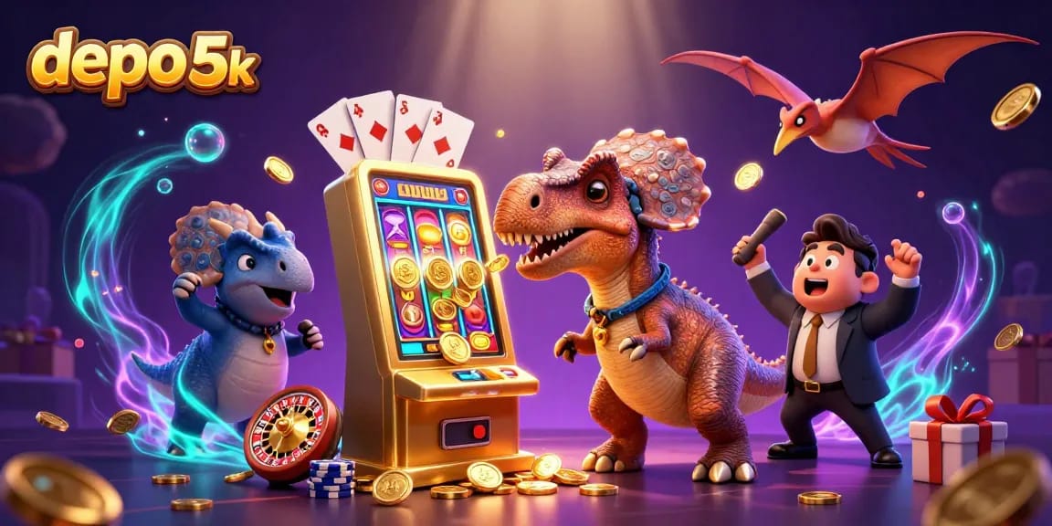 Engage in slot games with depo 5k as a 3D pachycephalosaurus headbutts a golden machine for jackpots.