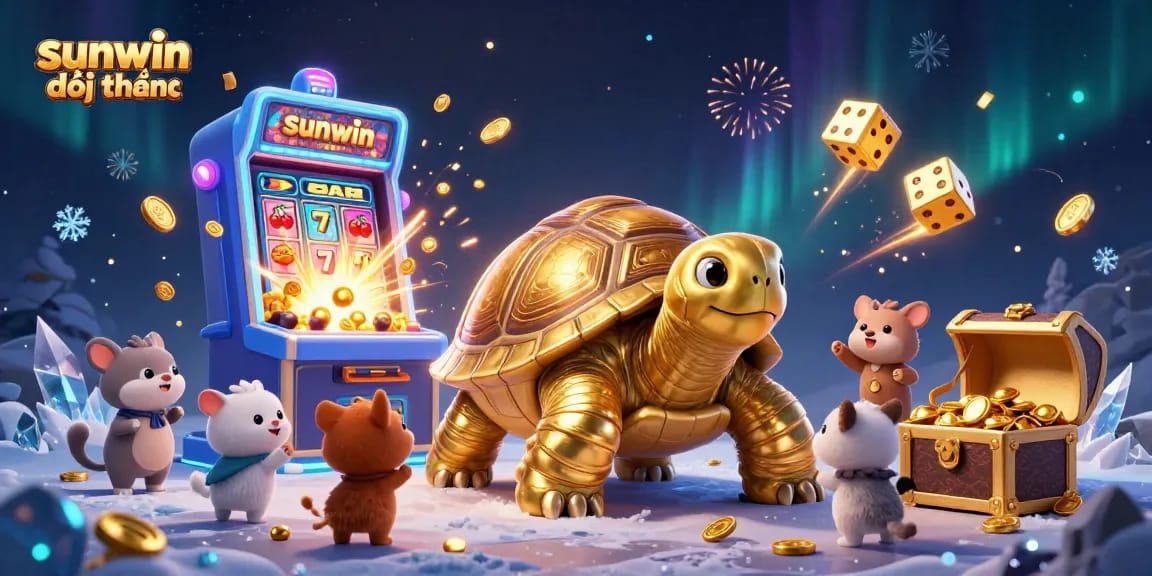 Experience exciting gameplay with sunwin đổi thưởng as a golden tortoise pinball machine steals the show amidst vibrant casino elements.