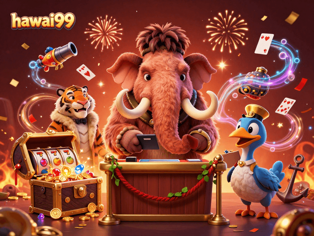 Experience vibrant hawai99 gaming with a futuristic 3D bouncer and exciting slot reels.