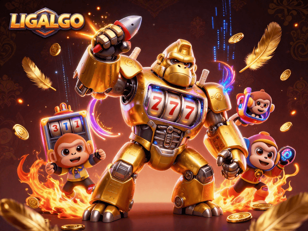 LIGALGO empowers players with a dynamic 3D scene featuring a golden gorilla mech and slot machine elements.