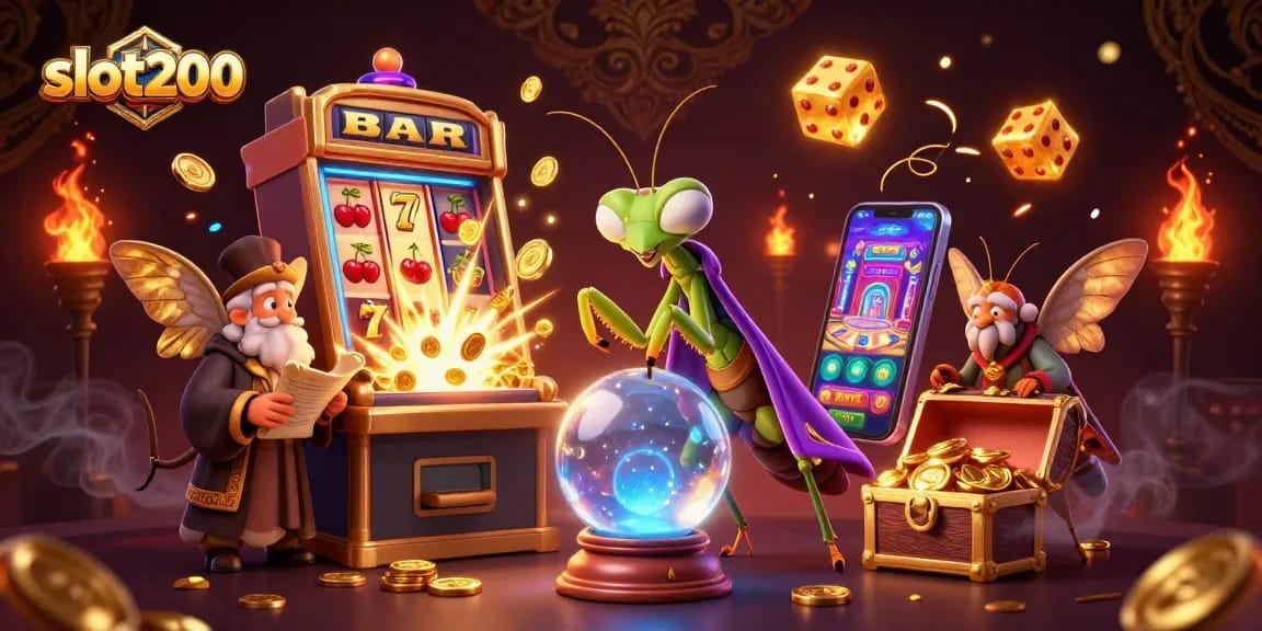 Permainan kasino interaktif di slot200 dengan karakter unik dan elemen slot berkilauan.