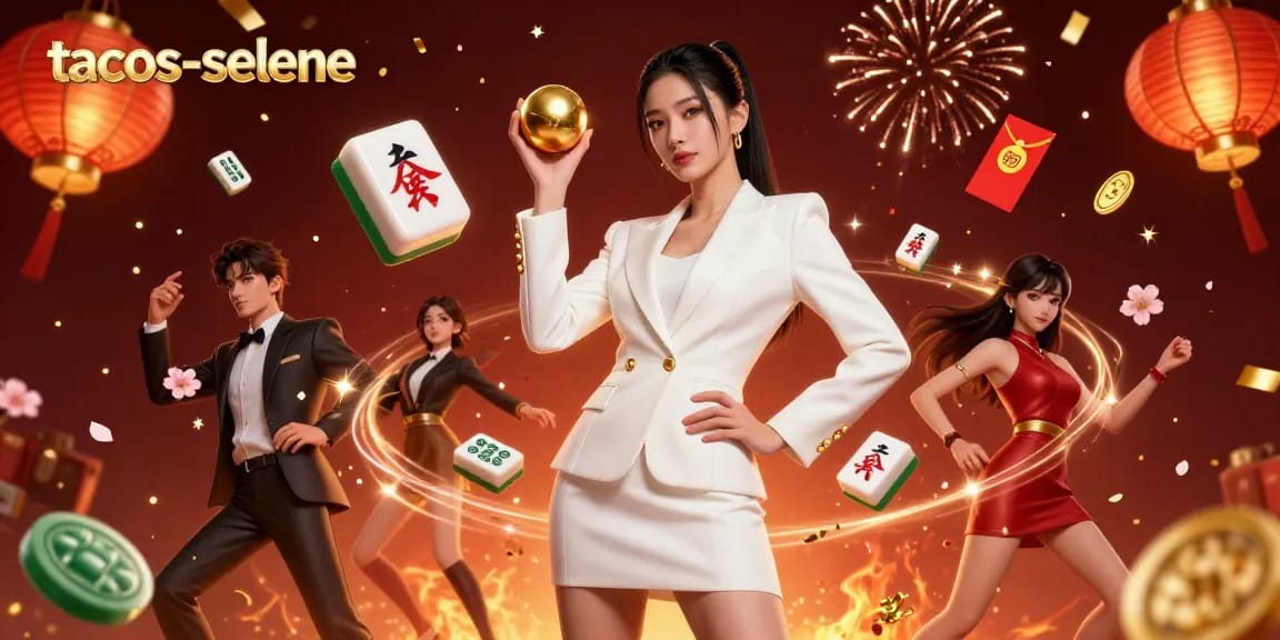 Lively scene of tacos-selene showcasing a professional woman in a tuxedo holding a golden roulette ball amidst festive casino elements.