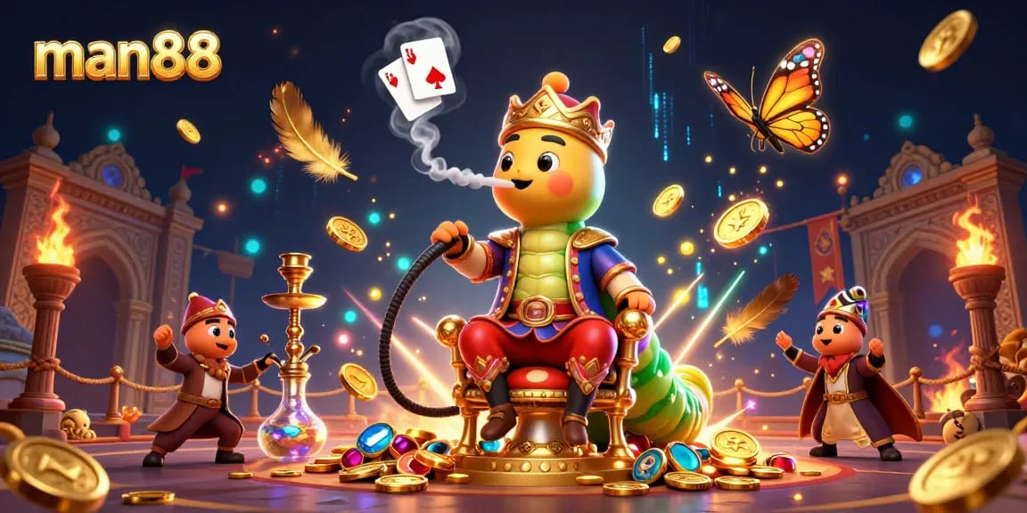 Engage with man88's vibrant casino scene featuring a whimsical caterpillar hookah-master and poker symbols.