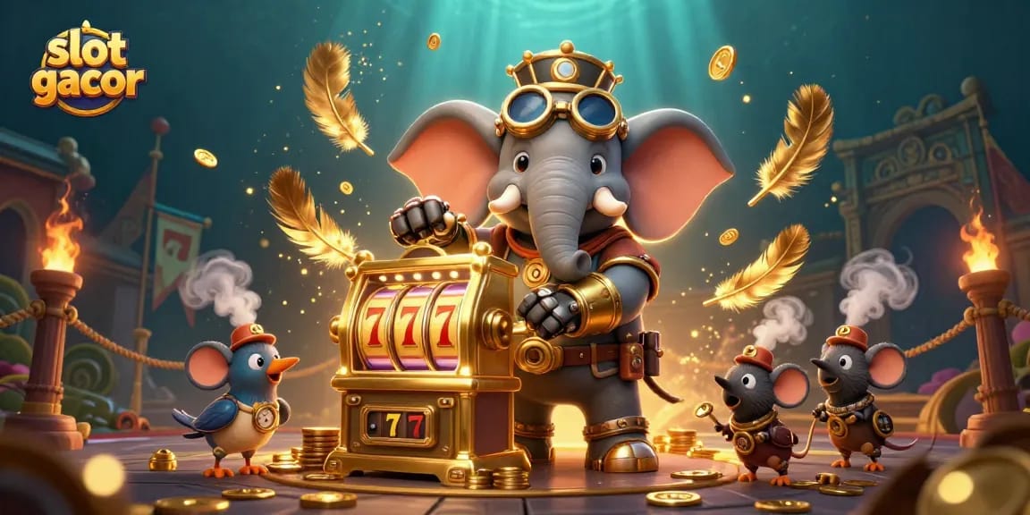 Experience slot gacor excitement with a steampunk elephant and jackpot thrills in a vibrant casino scene.